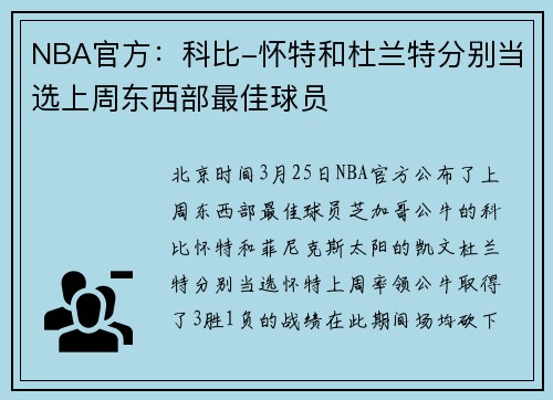 NBA官方：科比-怀特和杜兰特分别当选上周东西部最佳球员