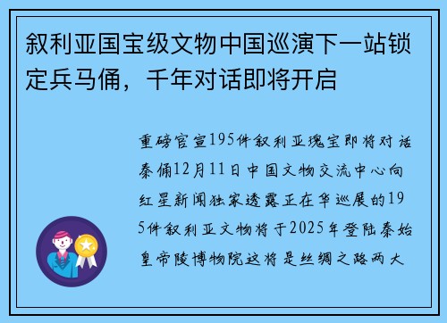叙利亚国宝级文物中国巡演下一站锁定兵马俑，千年对话即将开启