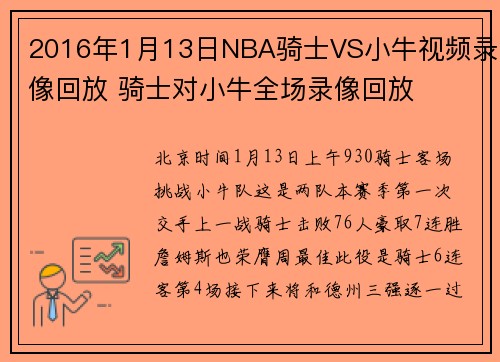 2016年1月13日NBA骑士VS小牛视频录像回放 骑士对小牛全场录像回放